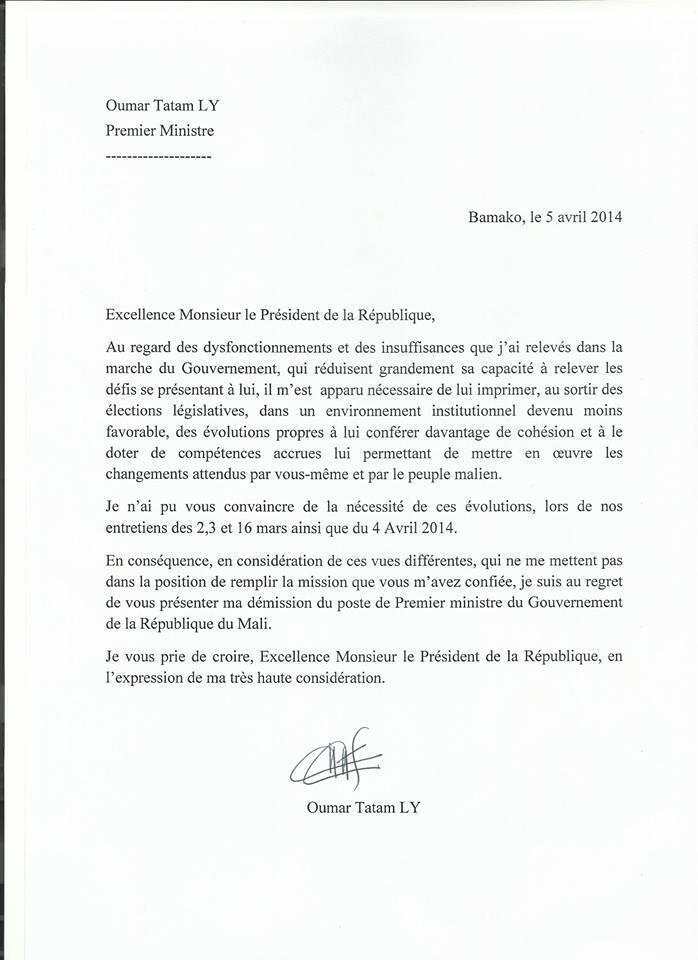 Lettre de dÃ©mission du premier Ministre Oumar Tatam Ly.