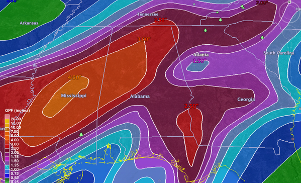spann's tweet photo. Projected rain over the next 36 hours... a flash flood watch remains in effect for much of Alabama. #alwx http://t.co/ebAHFAD5fM