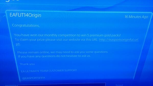 Jayjay0487's tweet photo. @EASPORTSFIFA  Not sure if your giving me a real prize or that someone is trying to scam me. #help http://t.co/6Rfh6r5jGM