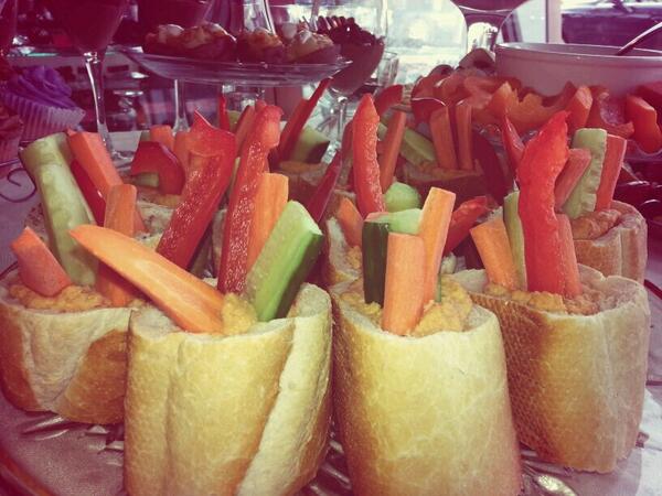 Veggie baguettes with red pepper hummus for @BoerLeah. #prettyveggies #bridalshower