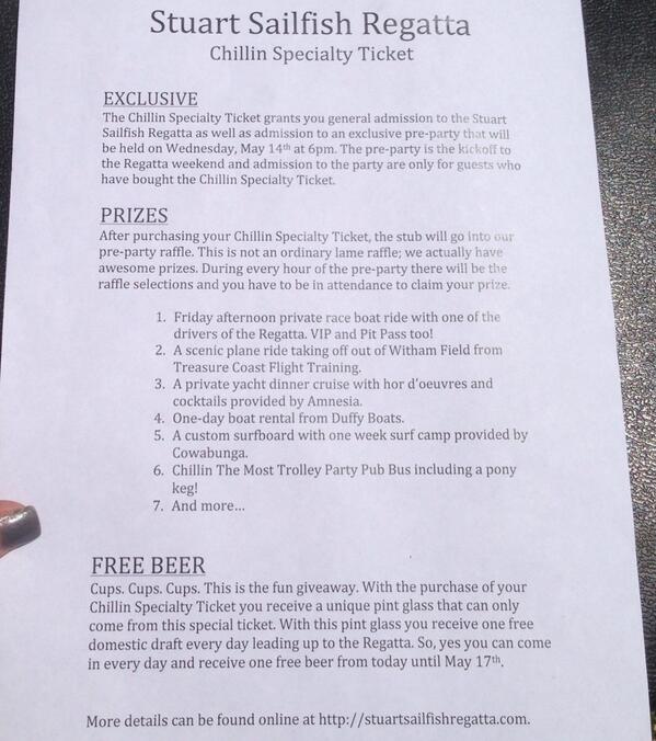 SailfishRegatta's tweet image. Come buy our special tickets from Chillin the most including a raffle ticket, cup &amp;amp; 1 day admission into regatta!