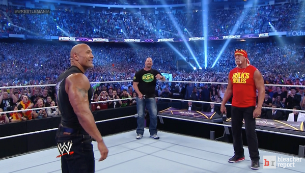 BleacherReport's tweet photo. #WrestleMania @HulkHogan, @steveaustinBSR &amp; @TheRock in the same ring. http://t.co/867pE3Yt9k