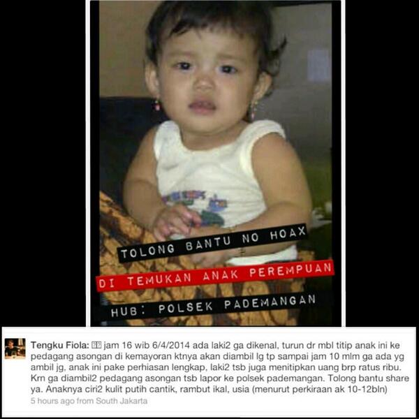 Telah ditemukan oleh Polsek Pademangan balita usia 10-12 bulan. Mohon bantu disebarkan.