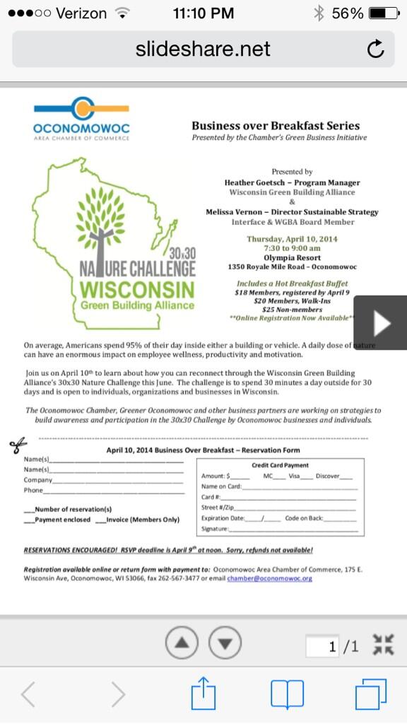 UWsustain's tweet photo. Come learn benefits of 30 min in #nature @ #Oconomowoc Area Business Over Breakfast Program this Thursday 7:30-9am! http://t.co/6zYuXdT4VJ