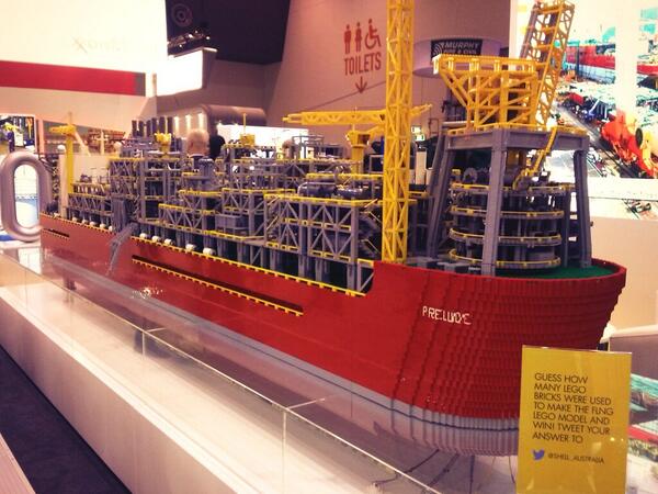 APPEACONFERENCE's tweet photo. Guess how many lego bricks were used to build this amazing replica of Prelude FLNG ship? @Shell_Australia #APPEA2014 http://t.co/EhK7wVT1kr