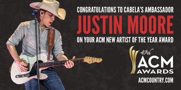 Cabela's Ambassador <a href="/JustinColeMoore/">Justin Moore</a> takes home New Artist of the Year at the #ACMs. Congrats, Justin!