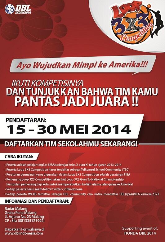 eventmalang's tweet photo. Pgn ke AMERIKA? Ikuti Loop 3x3 Challenge di #HondaDBL2014 #EastJavaSeriesSouthRegion @dblindonesia @dbl_malang http://t.co/Pgg8RE0cIH
