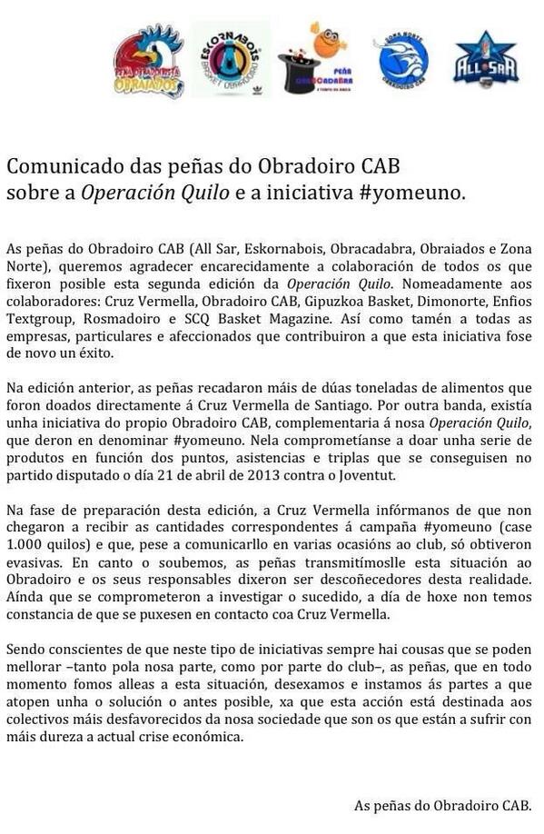 allsarbasket's tweet photo. Comunicado das peñas sobre a Operación Quilo: http://t.co/NpzFj9qP4l