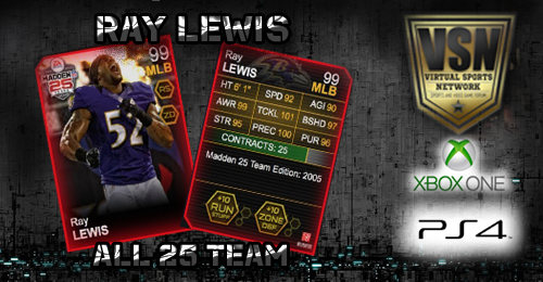 VSNgaming's tweet photo. VSN is giving away an @EASPORTS_MUT Ultimate Team Legend Ray Lewis card (99 OVR)!

Must FOLLOW and RT to win! http://t.co/IKTfYx6Ags