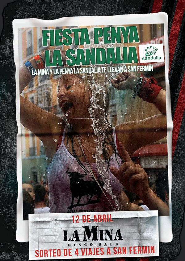 Este Sabado 12 de Abril en <a href="/LaMinaVallDuixo/">Disco Sala La Mina</a> fiesta <a href="/SandaliaPenya/">Penya Sandalia</a> sorteamos 4 viajes a San Fermin !!