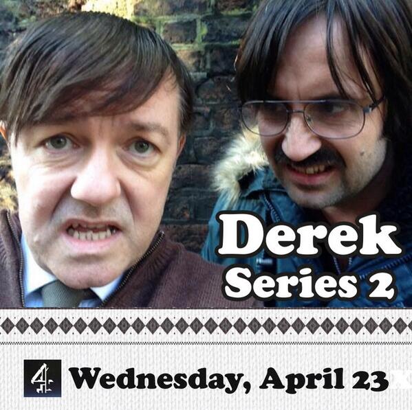 DerekTVShow's tweet photo. #Derek Series 2 starts on Wednesday, April 23rd on @Channel4. Are you ready for more pudding? @ComedyOn4 http://t.co/EydhNpo1vN