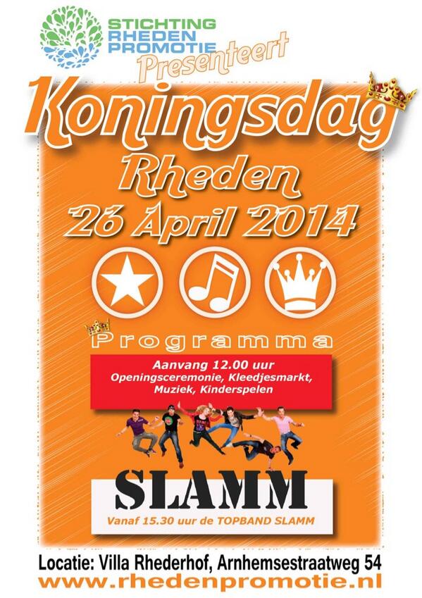 26 april viert Rheden Koningsdag. Vanaf 12.00 op het terrein voor villa Rhederhof. rhedenpromotie.nl.