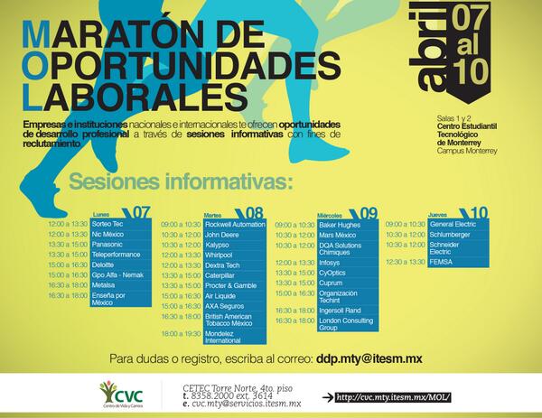 TriggerTrades12's tweet photo. MARATÓN DE OPORTUNIDADES LABORALES.  De hoy lunes 7abril al jueves 10 #MOL http://t.co/I0sF3xkCJu @CVC_Monterrey http://t.co/7LoEI1LI3l