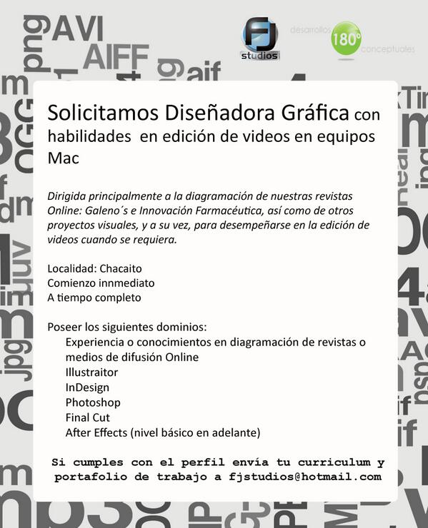 fjstudios7's tweet image. Buenas tardes, solicitamos Diseñadora Gráfica con habilidad en edición de video #Empleo @IUDLM99