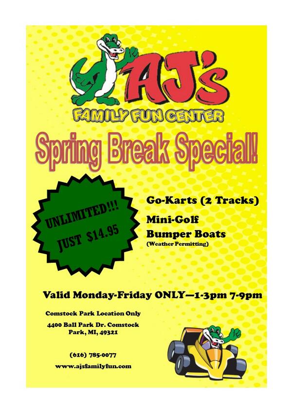 AJsFunCenter's tweet photo. It's beginning to feel a little like Spring! :) Stop by and take advantage of our #SpringBreak special! http://t.co/sYhg8LspX6