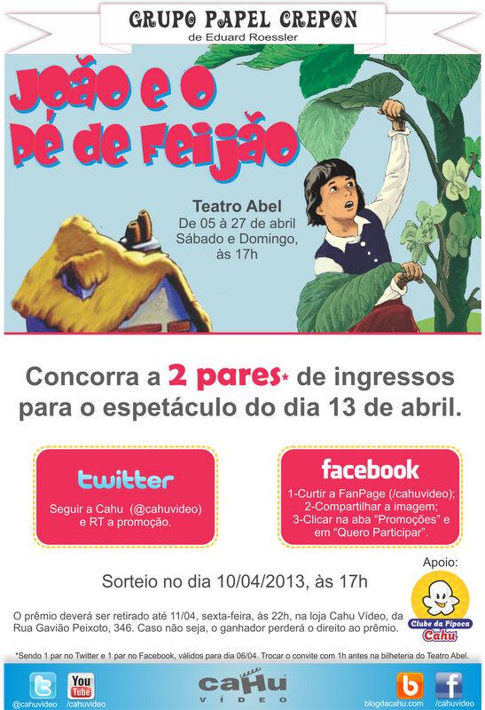 #promocahu Nova chance de ganhar 2 pares de ingressos para João e o Pé de Feijão. Siga <a href="/cahuvideo/">Cahu Vídeo</a> + RT Sorteio 10/04.