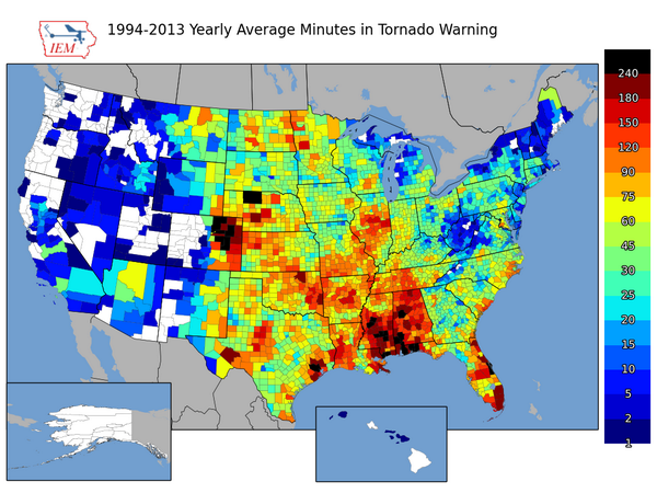 Avg number of minutes county is in a TOR warning per year.