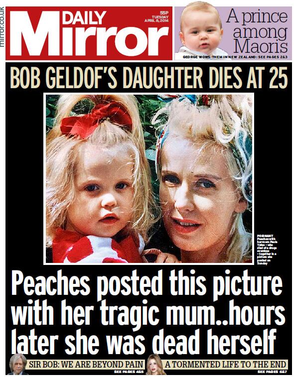 SkyNews's tweet photo. DAILY MIRROR FRONT PAGE: Bob Geldof's daughter dies at 25. #skypapers http://t.co/5lxLGAcu4c