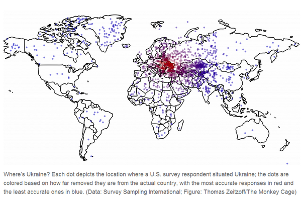 conradhackett's tweet photo. Each dot represents a US adult's guess about the location of Ukraine
 http://t.co/9eqXRZ1JuB http://t.co/gPeSgRsOBw