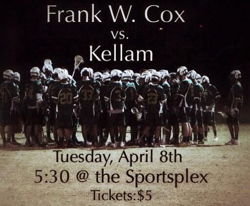 coxlacrosse's tweet photo. Come out and support the Falcons as they take on Kellam in one of the biggest games of the season! http://t.co/PybKtEwmog