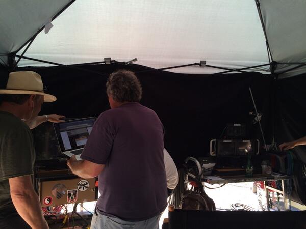 David_Zuckerman's tweet photo. Video village is where we watch the action on monitors.  Black tent in 90* heat.  Smart. #wilfred #sweatinbullets http://t.co/IWP3335r9j