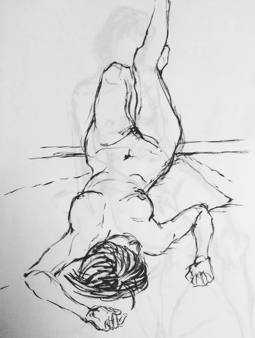 この間のクロッキー。重力と人体の捻りを出せたと思う1枚。筆で描いた。 