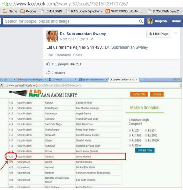 Coincidence ?! Dr.@Swamy39 peoposs the name Sri 420 for Kejriwal & he obliges on his website  
