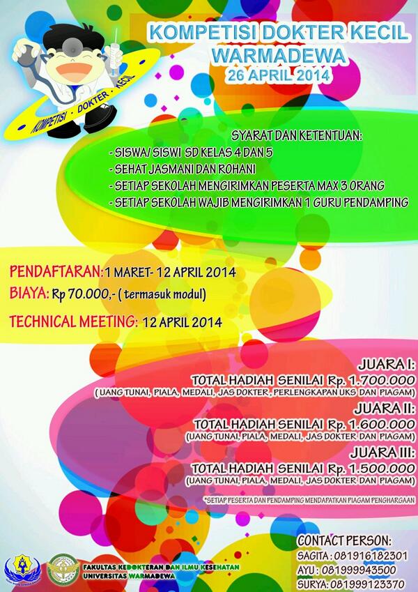 Ada info nih utk shbt dari bali, bagi yg memiliki adik kls 4/5 sd, ayo ikuti kompetisi dokter kecil warmadewa 2014!