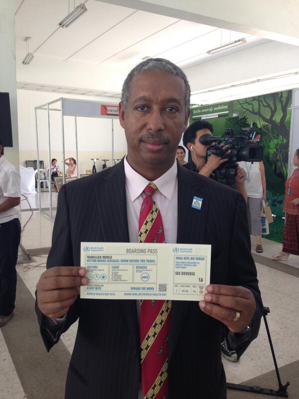 WHOThailand's tweet image. Dr Yonas Tegegn, WHO representative to Thailand with #Just1Bite boarding pass
