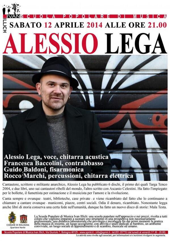 Sabato prossimo a #Bologna c'è @amoreanarchia alla <a href="/SPMII/">SPM IVAN ILLICH</a> in "Alessio Lega, lezione concerto"