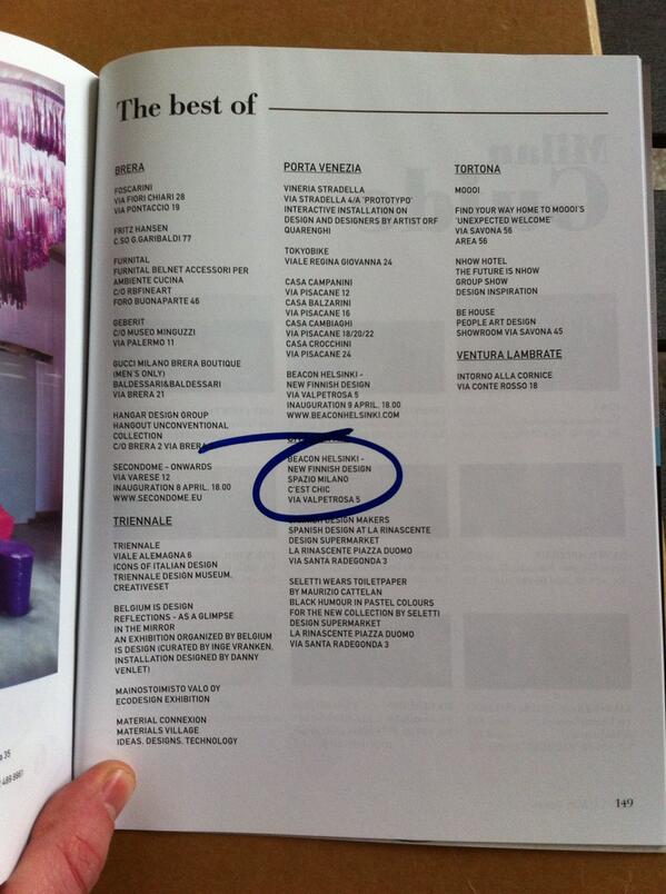 MilanoCestChic's tweet photo. Fra i "Best of" del #Fuorisalone2014 Beacon Helsinki c/o Spazio Milano C'est Chic!! http://t.co/tcpoazxI9n