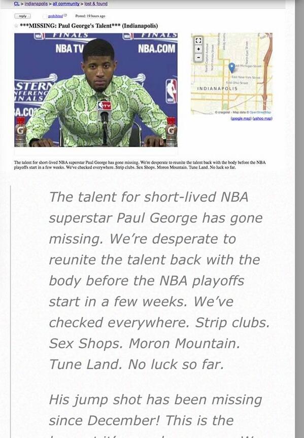 LegionHoops's tweet image. A Pacers fan posted an ad on Craigslist searching for Paul George's "Missing Talent"