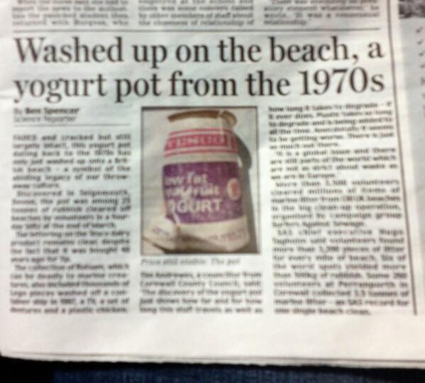 Plastic is "Washed Up on the beach, a yogurt pot from the 1970s" <a href="/DailyMailUK/">Mail+</a> "It's a global issue" <a href="/PlasticPollutes/">Plastic Pollutes</a>