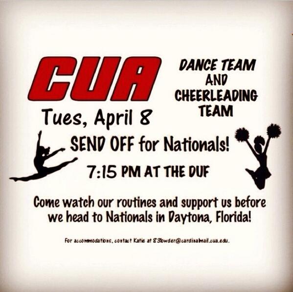 CUADanceTeam's tweet photo. Everyone come to the duf tonight to support us and @CUACheerleading as we showcase our nationals routines!!! http://t.co/JMF1yMgvFF