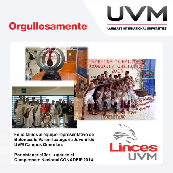 UVMQueretaro's tweet photo. Felicidades al equipo de baloncesto!!!!

3er. Lugar en el Campeonato Nacional de la CONADEIP. http://t.co/B1esl8swZG
