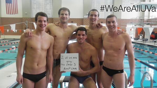 NOH8Campaign's tweet photo. "2 of us are gay. The other 3 don't care." @UVA swimmers and more support #WeAreAllUVa: http://t.co/OVjRdj6vJU #NOH8 http://t.co/qO4CQS4Xum