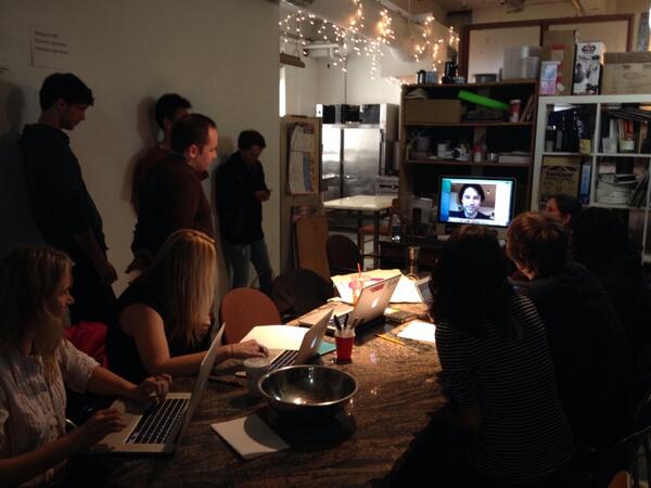 Synbiota's tweet image. @jpahara dials into #ScienceHack @genspacenyc to answer questions about @genomikon's Violacein Factory &amp;amp; @GENtleDNA