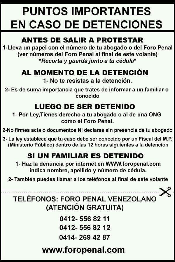 ElUniversal's tweet photo. RT @PorHumanidad  El Foro Penal Venezolano te recuerda estos PUNTOS IMPORTANTES EN CASO DE DETENCIONES http://t.co/uoUHNbfb3M