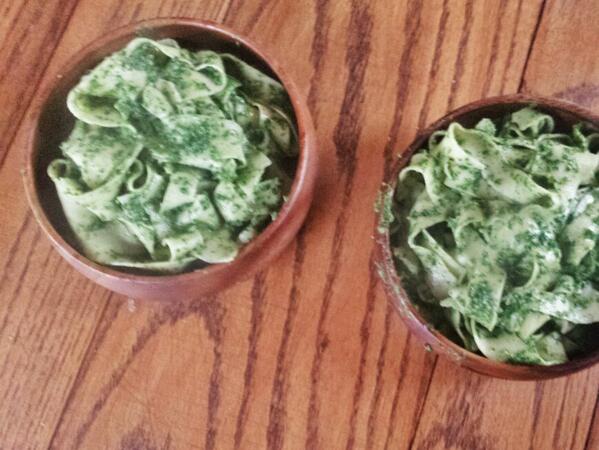 gastrognome's tweet photo. Nettle pesto, homemade pasta. Made possible by the generosity of the lovely @sprizee http://t.co/Ou02IfagsJ
