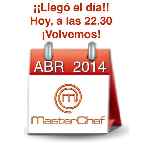 MasterChef_es's tweet photo. ¡Se acabó la espera!
¡Esta noche vuelve #MasterChef! 
Recuerda, a las 22.30 en La 1. 

¡RT y que todos se enteren! http://t.co/OA49asvM1J