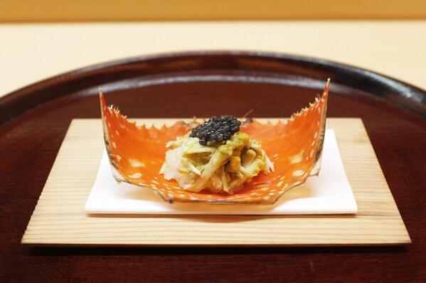 Watarigani no iimushi. Steamed horse crab &amp; its roe on white rice, topped with caviar at Matsukawa, Tokyo. Delicious.