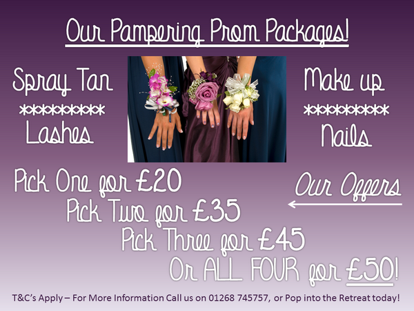 TheRayRetreat's tweet photo. Prom is approaching Ladies!! Call us on 01268 745757, for more information on our Pampering Prom Packages! http://t.co/g6T8qZmEfV