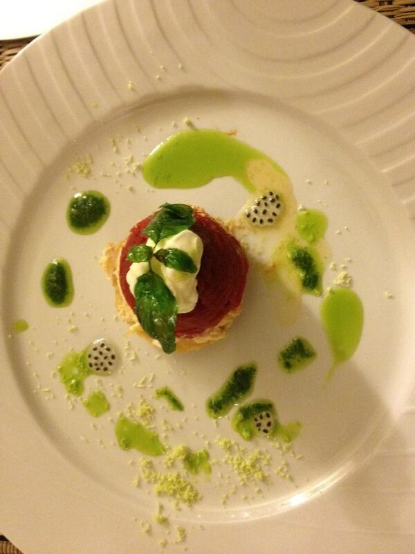 3 rd course of degustation meal at Stroudover Cottage Bemboka caramel used tomato tart, goats cheese, basil oil yummy