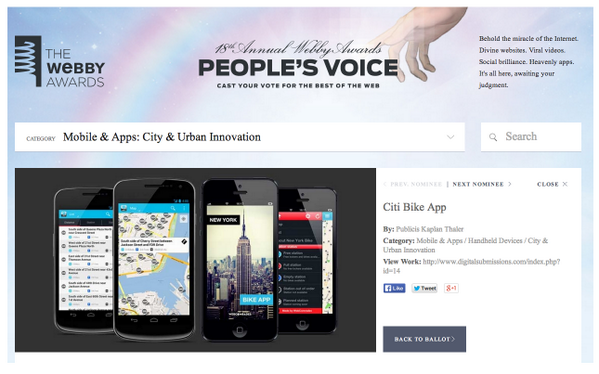 webcomrades's tweet photo. Wow! @TheWebbyAwards nominated our New York City Bike app in the category Mobile Apps in "City &amp; Innovation”! http://t.co/NbdoqWwT7Y