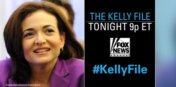 FoxNews's tweet photo. TUNE IN: Facebook COO @SherylSandberg joins @MegynKelly at 9p ET to talk equal pay, leaning in and banning bossy http://t.co/AmXF7NYfrD