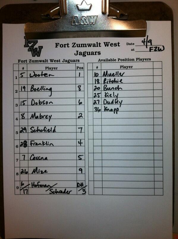 FZWJVBaseball's tweet photo. Lineup today vs Francis Howell! http://t.co/kEHshZjPVo