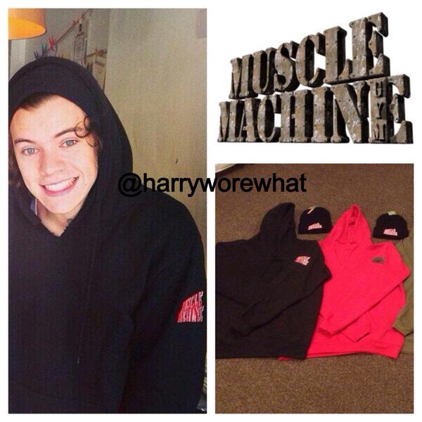 harryworewhat's tweet image. Harry wore a £25 "Muscle Machine Gym" hoodie (from @M1Jarvis' gym @1MuscleMachine) yesterday in London - 4/8/14.