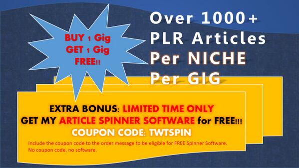 plrarticlechix's tweet image. Get over 1000+ #PLR articles per #FIVERR #gig! FREE Spinner Software. Coupon Code: TWTSPIN bit.ly/1g7U8xx