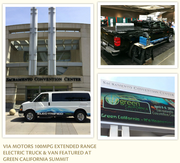 VIAMotorsInc's tweet photo. #VIAMotors demos worlds first 100mpg electric #shuttlevan to #CaliforniaEPA & #AirResources @ #GreenCaliforniaSummit http://t.co/tgzg9nlouN