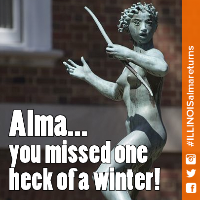 UofIllinois's tweet photo. Alma returns to campus just in time for spring. She missed one heck of a winter! #ILLINOISalmareturns http://t.co/LqPDTNlPKB